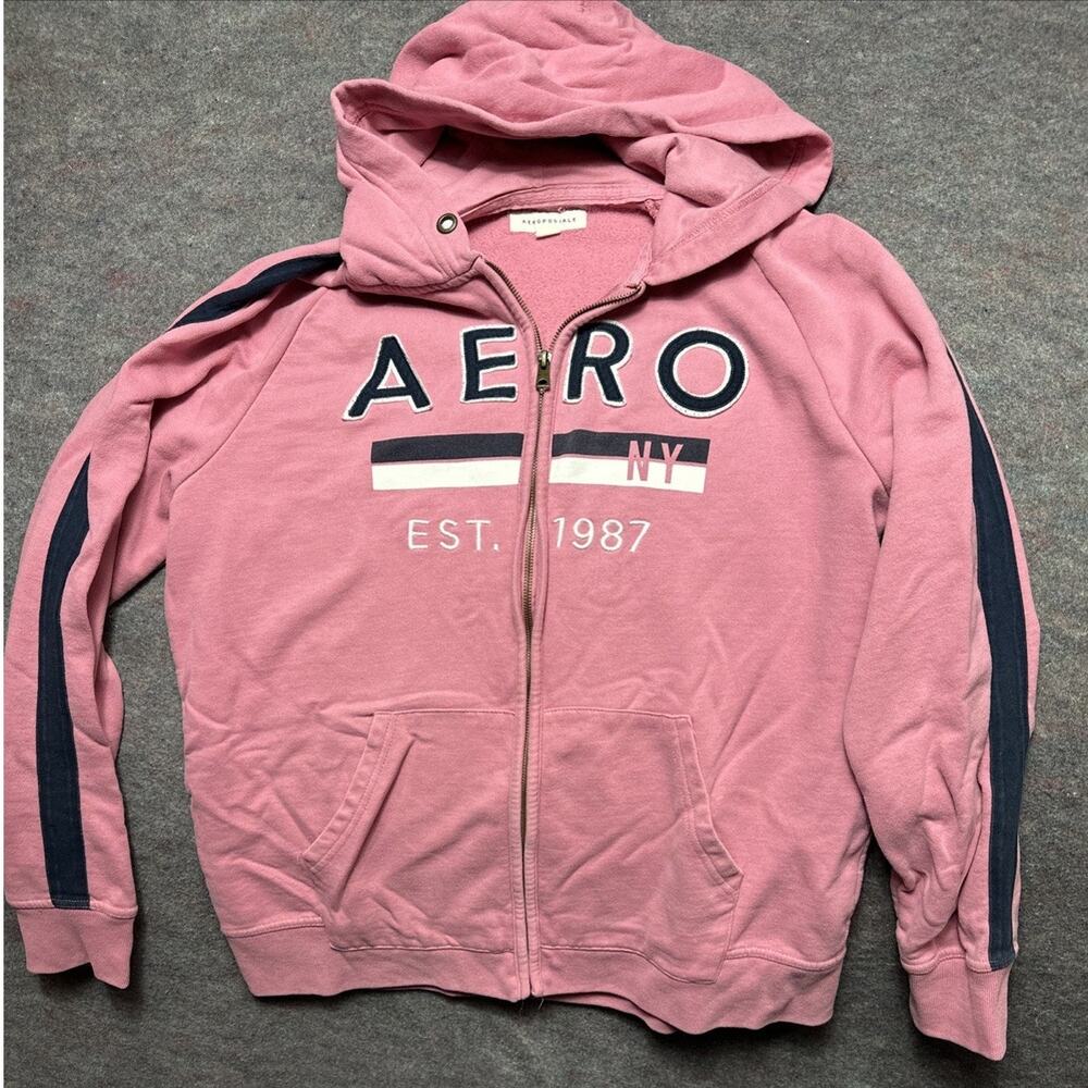 Aeropostale Jacket Mens XL Pink Full Zip Hoodie Aero Est 1987 Graphic Sweatshirt